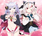  1girl :d ;3 animal_ears bell black_jacket black_skirt blue_bow blue_bowtie blue_eyes bow bowtie braid cat_ears cat_girl cat_tail chest_sarashi closed_mouth collared_shirt fang frilled_hairband frills hair_bell hair_bow hair_ornament hairband heart high-waist_skirt highres hololive horns jacket jingle_bell kagura_nana long_hair long_sleeves looking_at_viewer multicolored_hair nakiri_ayame nanakagu_karatou_ch nejime one_eye_closed oni_horns open_clothes open_jacket puffy_long_sleeves puffy_sleeves purple_hair red_eyes red_hair sarashi shirt skirt smile streaked_hair tail very_long_hair virtual_youtuber white_hair white_shirt 