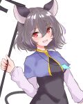  1girl :d animal_ears bangs blush capelet dowsing_rod dress eyebrows_visible_through_hair grey_hair hair_between_eyes highres holding jewelry long_sleeves looking_at_viewer mouse_ears mouse_tail nazrin necklace open_mouth pendant red_eyes shirt short_hair simple_background smile solo tail touhou upper_body white_background white_shirt yanagi_(isiryu230) 