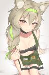  1girl absurdres aoi_mochio apron arknights beanstalk_(arknights) braid breasts brown_eyes brown_hair collarbone from_above green_apron green_hairband hair_between_eyes hair_intakes hairband highres hyena_ears hyena_girl navel side_braid single_braid sitting small_breasts smile solo 