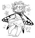  1girl animal antennae barefoot blush_stickers bug butterfly butterfly_wings dress eternity_larva fairy full_body greyscale hair_between_eyes ini_(inunabe00) leaf leaf_on_head lineart monochrome multicolored_clothes multicolored_dress open_mouth short_sleeves simple_background smile solo touhou white_background wings 