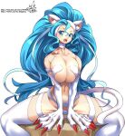  1girl animal_ears bangs big_hair blue_eyes blue_hair breast_press breasts cat_ears cat_girl cat_tail claws cleavage felicia_(vampire) highres large_breasts long_hair looking_at_viewer navel open_mouth simple_background sitting solo tail teeth thighhighs umigarasu_(kitsune1963) upper_teeth vampire_(game) white_background white_legwear 