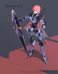  1girl android english_commentary eyebrows_visible_through_hair full_body grey_background highres holding holding_sword holding_weapon humanoid_robot joints long_hair looking_at_viewer original pink_hair planted planted_sword red_background red_eyes robot_joints shadow simple_background solo standing sword tsurime two-tone_background ushas very_long_hair weapon 