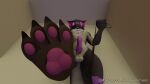  3d_(artwork) anthro black_claws capcom claws digital_media_(artwork) ears_up feet first_person_view flying_wyvern foot_fetish foot_focus fur genitals leash leash_pull leashed_pov looking_at_viewer looking_down male male/male monster_hunter multicolored_body multicolored_fur nargacuga narganimare on_one_leg p_(nargacuga) patreon_username pawpads penis purple_body purple_eyes purple_fur purple_pawpads purple_penis raised_foot simple_background solo standing text url video_games white_body white_fur 
