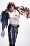  1boy bara beard facial_hair feet_out_of_frame final_fantasy final_fantasy_xv gladiolus_amicitia hair_slicked_back hello_kitty_(character) hello_kitty_print highres in_higashiyama leather leather_pants long_sideburns male_focus mature_male medium_hair midriff_peek muscular muscular_male navel_hair open_clothes open_shirt pants pectoral_cleavage pectorals scar scar_across_eye scar_on_face sideburns sidepec smile solo stubble tank_top undercut walking white_tank_top 