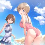  2girls alternate_costume ass blonde_hair blue_eyes blue_skirt blush braid breaking_wave breasts brown_eyes brown_hair cloud dutch_angle eyebrows_visible_through_hair hair_between_eyes highres horizontal-striped_shirt large_breasts leaning_forward long_hair looking_at_viewer lynette_bishop mejina miyafuji_yoshika multiple_girls ocean one-piece_swimsuit open_mouth pink_swimsuit rock sea_spray shore short_hair single_braid skirt small_breasts smile strike_witches swimsuit swimsuit_skirt water waves world_witches_series 