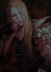  1boy absurdres black_gloves blonde_hair blue_eyes collarbone final_fantasy final_fantasy_xiv fingerless_gloves garlean gloves hair_over_one_eye head_rest highres long_hair looking_at_viewer male_focus one_eye_covered sitting solo third_eye upper_body wangdajiu1 zenos_yae_galvus 