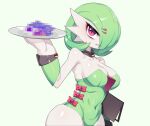  1girl bangs bare_shoulders black_choker blush bob_cut bow breasts carrying carrying_under_arm censored censored_food choker cleavage collarbone colored_skin commentary_request covered_navel drunkoak english_commentary eyeliner gardevoir green_background green_hair green_leotard hair_ornament hair_over_one_eye hairclip hand_up highres holding holding_tray korean_commentary leotard looking_at_viewer makeup medium_breasts menu mixed-language_commentary mosaic_censoring one_eye_covered orange_eyeliner parted_lips partial_commentary poke_ball_symbol pokemon pokemon_(creature) red_bow red_eyes shiny shiny_clothes shiny_hair shiny_skin short_hair simple_background skindentation solo standing strapless strapless_leotard teeth tray waitress white_skin wide_hips wrist_cuffs 