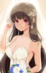  1girl adjusting_eyewear alternate_costume black_hair bouquet breasts choukai_(kancolle) cleavage commentary_request dress glasses hair_ornament kantai_collection large_breasts long_hair looking_at_viewer red_eyes rimless_eyewear solo upper_body wedding_dress yomogi_dango 