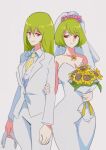  2girls bangs bouquet breasts bridal_veil cleavage closed_mouth cowboy_shot dress eyebrows_visible_through_hair flower green_hair grey_background highres holding holding_another&#039;s_arm holding_bouquet jacket jewelry kazami_yuuka kazami_yuuka_(pc-98) long_hair long_sleeves looking_at_viewer multiple_girls necktie pants pendant plaid_necktie red_eyes short_hair simple_background smile standing sunflower tohoyuukarin touhou touhou_(pc-98) veil wedding_dress white_jacket white_pants yellow_necktie 