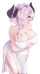  1921494015 1girl absurdres bangs blush breasts cleavage collarbone commentary commentary_request draph granblue_fantasy hair_over_one_eye highres horns large_breasts long_hair looking_at_viewer naked_towel narmaya_(granblue_fantasy) one_eye_covered parted_lips pink_hair pointy_ears purple_eyes simple_background smile solo thighs towel white_background 