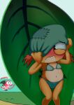  amphibia_(series) amphibian anthro blush disney embrassed female frog hi_res hiding hiding_face ivy_sundew oddrich sprig_plantar two_piece_swimsuit yellow_body yellow_skin 