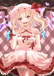  1girl absurdres allymidorikawa alternate_costume apron blonde_hair blush candy chocolate crystal flandre_scarlet food hat hat_ribbon heart highres mob_cap open_mouth red_eyes red_ribbon ribbon side_ponytail skirt solo thighhighs touhou valentine wings wrist_cuffs 