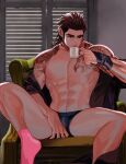  1boy abs bara bare_pectorals beard black_male_underwear briefs bulge couch cup facial_hair feet_out_of_frame final_fantasy gladiolus_amicitia hair_slicked_back highres holding holding_cup in_higashiyama large_pectorals leg_hair long_sideburns male_focus male_underwear mature_male medium_hair mug muscular muscular_male navel nipples no_pants off_shoulder on_couch open_clothes open_shirt pectorals pink_legwear scar scar_across_eye scar_on_face sideburns socks solo spread_legs stomach stubble thick_eyebrows thick_thighs thighs undercut underwear 