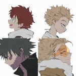 2boys age_progression back-to-back bangs black_hair black_jacket blonde_hair blue_eyes boku_no_hero_academia bomber_jacket brown_jacket burn_scar close-up costume dabi_(boku_no_hero_academia) ear_piercing face facial_hair facial_mark fire from_side frown fur-trimmed_jacket fur_trim goatee happy hawks_(boku_no_hero_academia) high_collar jacket kadeart looking_down looking_up male_focus multiple_boys multiple_piercings piercing red_hair rimless_eyewear sad scar scar_on_face scar_on_neck short_hair smile spiked_hair spoilers stapled stitches stubble tinted_eyewear todoroki_touya twitter_username yellow_eyes younger 