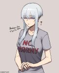  1girl ? buruburu-chan_(k3nnyn3v) closed_mouth collarbone commentary english_commentary english_text engrish_text fingernails grey_background grey_hair grey_shirt hair_between_eyes highres k3nnyn3v looking_down meme no_horny_(meme) original own_hands_together purple_eyes ranguage shirt short_hair short_sleeves sidelocks simple_background solo t-shirt translated upper_body 