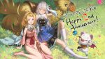  2girls anniversary bare_shoulders blonde_hair blue_cape blue_dress bright_pupils brown_eyes buttons cape character_request chocobo creature double-breasted dress elbow_gloves final_fantasy final_fantasy_brave_exvius glaciela_wezette gloves grass grey_hair grin hand_up high_heels highres long_hair looking_at_viewer multiple_girls pelvic_curtain pink_dress pink_footwear purple_eyes red_sash saddle sash shoes smile v vofan war_of_the_visions:_final_fantasy_brave_exvius white_gloves white_pupils 
