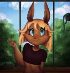 anthro clothing crop_top female female/female gesture hi_res looking_at_viewer mammal revelandchive rodent sciurid shirt solo topwear tummy_flashing v_sign 