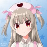  1girl bangs blush bunny_hair_ornament chiem closed_mouth collared_shirt gradient gradient_background hair_ornament hat highres light_brown_hair long_hair looking_at_viewer natori_sana nurse_cap pink_headwear portrait red_eyes sana_channel shirt solo two_side_up virtual_youtuber 
