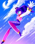  1other absurdres androgynous blue_eyes bodysuit cloud cloudy_sky flying gloves hat highres jester jester_cap long_sleeves moon nights_(character) nights_into_dreams profile sega sky smile solo teeth vest white_gloves 