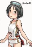  1girl bangs black_hair brown_eyes diving_mask diving_mask_on_head flotation_belt goggles goggles_on_head kantai_collection looking_at_viewer makun_dx maru-yu_(kancolle) one-hour_drawing_challenge parted_bangs school_swimsuit short_hair simple_background solo swimsuit thick_eyebrows twitter_username white_background white_swimsuit 