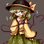  1girl aqua_eyes black_headwear blush bow buttons chibi diamond_button eyeball frilled_shirt_collar frilled_sleeves frills green_hair green_skirt grey_background hat heart heart_of_string heripantomorrow komeiji_koishi shirt simple_background skirt smile smug solo third_eye touhou wide_sleeves yellow_bow yellow_shirt 