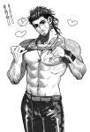  1boy abs bara bare_pectorals beard chest_tattoo clothes_lift facial_hair feet_out_of_frame final_fantasy gladiolus_amicitia greyscale hair_slicked_back head_tilt heart in_higashiyama jewelry leather leather_pants long_sideburns male_focus mature_male medium_hair monochrome muscular muscular_male navel necklace nipples pants pectorals scar scar_across_eye scar_on_face shirt_lift sideburns smile solo stomach stubble tank_top tattoo undercut 