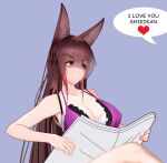  1girl akagi_(azur_lane) alternate_costume anger_vein animal_ears azur_lane bare_shoulders bikini breasts brown_hair cleavage crazy_eyes fox_ears fox_girl highres holding holding_newspaper large_breasts long_hair newspaper red_eyes schwarz_indo shaded_face speech_bubble swimsuit yandere yandere_trance 