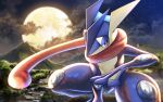  akky_(akimi1127) between_legs cloud cloudy_sky commentary_request full_moon greninja hand_between_legs highres long_tongue looking_at_viewer moon mountain night night_sky no_humans outdoors pokemon pokemon_(creature) red_eyes river sky solo squatting tongue water 