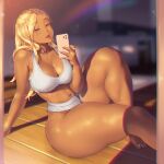  1girl a.x. absurdres bangs bare_arms barefoot blonde_hair blurry blurry_background breasts brown_eyes cellphone cleavage collarbone commentary_request dark-skinned_female dark_skin eyebrows_visible_through_hair feet foot_out_of_frame forehead highres holding holding_phone long_hair medium_breasts navel on_floor open_mouth original parted_bangs phone sitting smartphone solo sports_bra stomach thick_thighs thighs toes white_sports_bra wooden_floor 