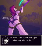  absurd_res angry angry_eyes animal_humanoid anthro axe butt censored_speech censored_text clothing deltarune digital_media_(artwork) female glistening glistening_body glistening_skin gold_(metal) hi_res humanoid kris_(deltarune) melee_weapon mostly_nude oridore pink_body pixel_(artwork) profanity purple_background purple_clothing rage_face reptile reptile_humanoid scalie scalie_humanoid simple_background solo susie_(deltarune) text undertale_(series) underwear video_games weapon yellow_teeth 
