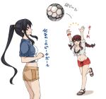  2girls abyssal_ship alternate_costume ball bangs black_hair blue_shirt braid breasts brown_hair brown_shorts cleavage commentary_request enemy_naval_mine_(kancolle) green_eyes kantai_collection long_hair midriff multiple_girls noshiro_(kancolle) official_alternate_costume ponytail red_eyes red_shorts shirt shorts sidelocks simple_background suda_(yuunagi_enikki) swept_bangs teeth tied_shirt twin_braids white_background yahagi_(kancolle) 