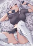  1girl absurdres blush breasts collarbone covered_nipples cropped_shirt fuyutsuki_(kancolle) gloves grey_eyes grey_hair grey_legwear half_gloves highres kantai_collection kiritto long_hair looking_at_viewer lying medium_breasts on_back on_bed panties partially_undressed pleated_skirt skirt solo striped striped_skirt thighhighs underwear very_long_hair wavy_mouth white_panties 