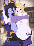  2022 anthro arctic_fox belly big_belly black_body black_fur black_hair blonde_hair blue_body blue_fur blush boxer_briefs breasts canid canine clothed clothing crop_hoodie digital_media_(artwork) duo female fennec flat_colors fluffy fox fur genitals hair hand_around_neck hand_on_hand hand_on_stomach hi_res imminent_sex kitchen long_hair looking_at_another looking_at_partner male male/female mammal markings multicolored_body multicolored_fur navel nipples open_mouth orange_body orange_fur pink_nipples pregnant pussy romantic romantic_ambiance romantic_couple shirt short_hair sidni sidnithefox simple_background sketch smile stack&#039;s_womb_marking stack_(character) standing t-shirt tagme topwear underwear undressing undressing_another undressing_partner whiskers white_body white_fur womb_tattoo 
