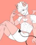  1boy abs bakugou_katsuki biceps boku_no_hero_academia choker cleavage_cutout clothing_cutout crop_top crossed_legs demon_boy demon_horns demon_tail demon_wings elbow_gloves fingernails gloves hair_over_one_eye heart heart_choker heart_cutout highres horns krbk_2g limited_palette long_fingernails looking_at_viewer male_focus mini_wings muscular muscular_male nipples obliques pectorals pointy_ears red_eyes red_theme sharp_fingernails short_hair smile solo tail thighhighs thighs wings 