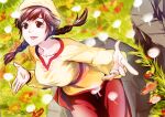  1girl bangs braid breasts brown_eyes brown_hair chinese_clothes day earrings eyebrows_visible_through_hair floral_background floral_print flower grass jewelry kusu_(moo1225) leaning_forward ling_shen_hua lips looking_away open_hands open_mouth outdoors pants petals red_pants red_sash rock sash shenmue shenmue_iii shirt signature smile solo twin_braids yellow_headwear yellow_shirt 