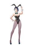  absurdres alternate_costume bare_arms blue_hair bow bowtie breasts cleavage fire_emblem fire_emblem:_three_houses high_heels highres large_breasts leotard looking_at_viewer pantyhose playboy_bunny pomelomelon purple_eyes shamir_nevrand short_hair smile white_background 