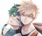  2boys bakugou_katsuki blonde_hair bodysuit boku_no_hero_academia closed_mouth collarbone commentary_request freckles frown gloves green_bodysuit green_eyes green_gloves green_hair hand_on_another&#039;s_head looking_at_viewer male_focus midoriya_izuku multiple_boys orange_eyes parted_lips short_hair simple_background spiked_hair unou_(unou_mha) white_background 