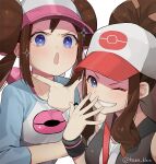  2girls blue_eyes blush brown_hair collarbone hand_on_own_face hat hilda_(pokemon) jacket kaidou_j1 laughing long_hair multiple_girls one_eye_closed open_mouth pokemon pokemon_(game) pokemon_bw pokemon_bw2 rosa_(pokemon) shirt simple_background smile sparkle white_background 