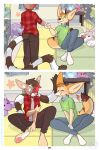  2020 anthro biped blush canid canine canis collar comic detailed_background digital_media_(artwork) duo ear_piercing eyes_closed fennec fink_(artist) fox fur hi_res kali_(artist) male male/male mammal piercing plushie tail_motion tailwag 