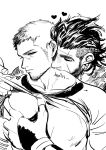  2boys bara bare_pectorals beard clothes_lift cor_leonis couple facial_hair final_fantasy gladiolus_amicitia grabbing greyscale groping hair_slicked_back in_higashiyama kiss kissing_neck large_pectorals lifted_by_another long_sideburns male_focus mature_male medium_hair monochrome multiple_boys muscular muscular_male pectoral_grab pectorals reach-around scar scar_across_eye scar_on_face shirt_lift short_hair sideburns stubble undercut upper_body yaoi 