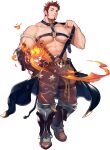  1boy abs armband artist_request bara biceps boots chest_hair facial_hair fire gem gloves gyee harness highres large_pectorals leather leather_belt long_sideburns looking_at_viewer male_focus manly mature_male muscular muscular_male nipples official_art pants pectorals red_eyes red_hair sebastian_(gyee) sideburns skirt solo spiked_hair stubble thick_arms transparent_background 