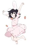 1girl animal_ears barefoot black_hair carrot carrot_necklace dress eyebrows_visible_through_hair fang full_body highres inaba_tewi kt_kkz looking_at_viewer open_mouth pink_dress rabbit_ears rabbit_tail red_eyes ribbon-trimmed_skirt ribbon_trim short_hair short_sleeves simple_background skin_fang solo tail touhou white_background 