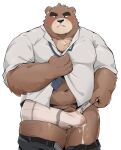  2022 absurd_res anthro belly big_belly black_nose blush bodily_fluids brown_body bulge clothing cum cute_fangs genital_fluids genitals hi_res humanoid_hands kemono male mammal morningbread16 navel necktie overweight overweight_male penis shirt simple_background solo topwear ursid white_background 
