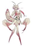  1girl antennae arthropod_girl arthropod_limbs carapace claws colored_sclera colored_skin extra_arms facial_mark full_body highres mantis_girl monster_girl multicolored_skin no_feet orchid_mantis original pink_eyes pink_hair purple_sclera ruteko_(ruko220) short_hair solo white_background white_hair 