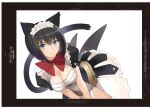  1girl absurdres animal_ears bangs black_hair blue_eyes bow breasts cat_ears cat_tail cleavage closed_mouth eyebrows_visible_through_hair guilty_princess hair_ornament highres looking_at_viewer maid maid_headdress medium_breasts non-web_source puffy_short_sleeves puffy_sleeves scan shiny shiny_skin short_hair short_sleeves simple_background smile solo tail tony_taka 