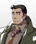  1boy ace_attorney bandaid bandaid_on_cheek bandaid_on_face bara black_hair brown_shirt coat collared_shirt dick_gumshoe facial_hair fukurau green_coat highres looking_at_viewer male_focus mature_male necktie pectorals pencil red_necktie shirt short_hair sideburns solo stubble thick_eyebrows upper_body 