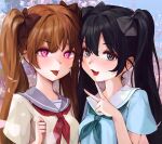  2girls :p black_hair bow brown_hair day fang hair_bow hand_up heart heart-shaped_pupils llttyyyuu long_hair multiple_girls neckerchief open_mouth original outdoors sailor_collar school_uniform serafuku short_sleeves symbol-shaped_pupils tongue tongue_out twintails v v-shaped_eyebrows 