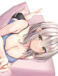  1girl absurdres armpit_crease barefoot blurry breasts camisole cleavage couch depth_of_field dolphin_shorts green_eyes highres hololive large_breasts lying medium_hair mole mole_on_breast no_bra shirogane_noel shorts silver_hair simple_background smile solo vellqtrix virtual_youtuber white_background 