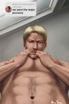  1boy abs alina_james alternate_pectoral_size bara blonde_hair english_commentary english_text facial_hair foreshortening from_below goatee hands_up highres isayama_hajime_(person) large_pectorals looking_at_viewer male_focus mature_male meme muscular muscular_male navel nude pectoral_squeeze pectorals perspective reiner_braun shingeki_no_kyojin short_hair solo stomach we_want_the_major_pectussy_(meme) 