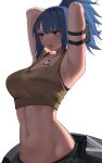  1girl absurdres arm_strap armpits arms_behind_head arms_up bangs bare_shoulders belt blue_eyes blue_hair breasts brown_tank_top cleavage commentary crop_top dog_tags harris_hero highres large_breasts leona_heidern midriff navel ponytail pouch simple_background solo stomach tank_top the_king_of_fighters the_king_of_fighters_xiv the_king_of_fighters_xv upper_body white_background 
